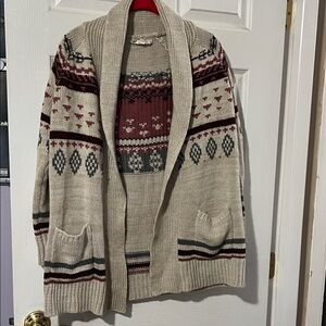 Pink Republic Beige Shawl Cardigan with Burgundy Fair Isle Panels